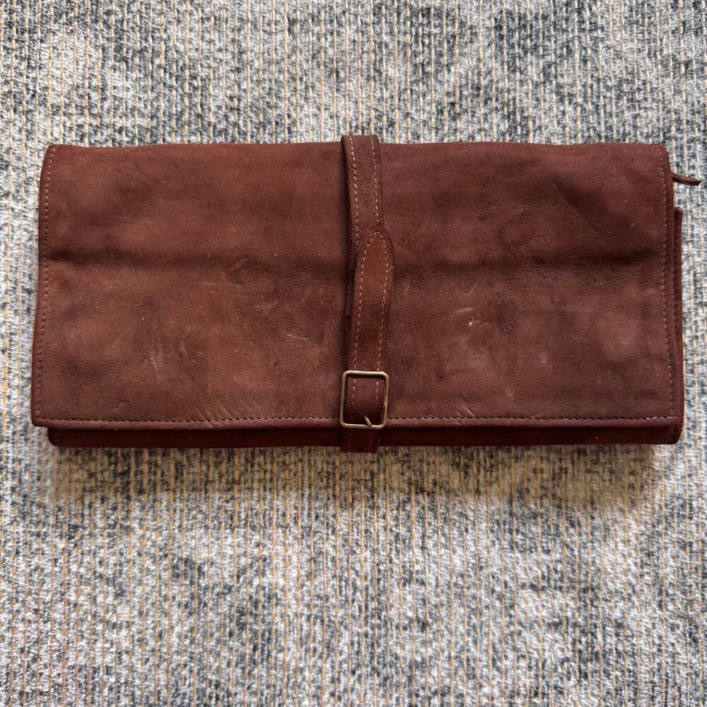 Mark Cross England Vintage Suede Jewelry Roll Travel Organizer Pouch Brown